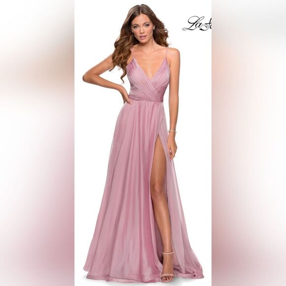La Femme 28611 Pleated V-Neck Chiffon High Slit Dress NWOT size 2 Mauve/Pink - Picture 1 of 6